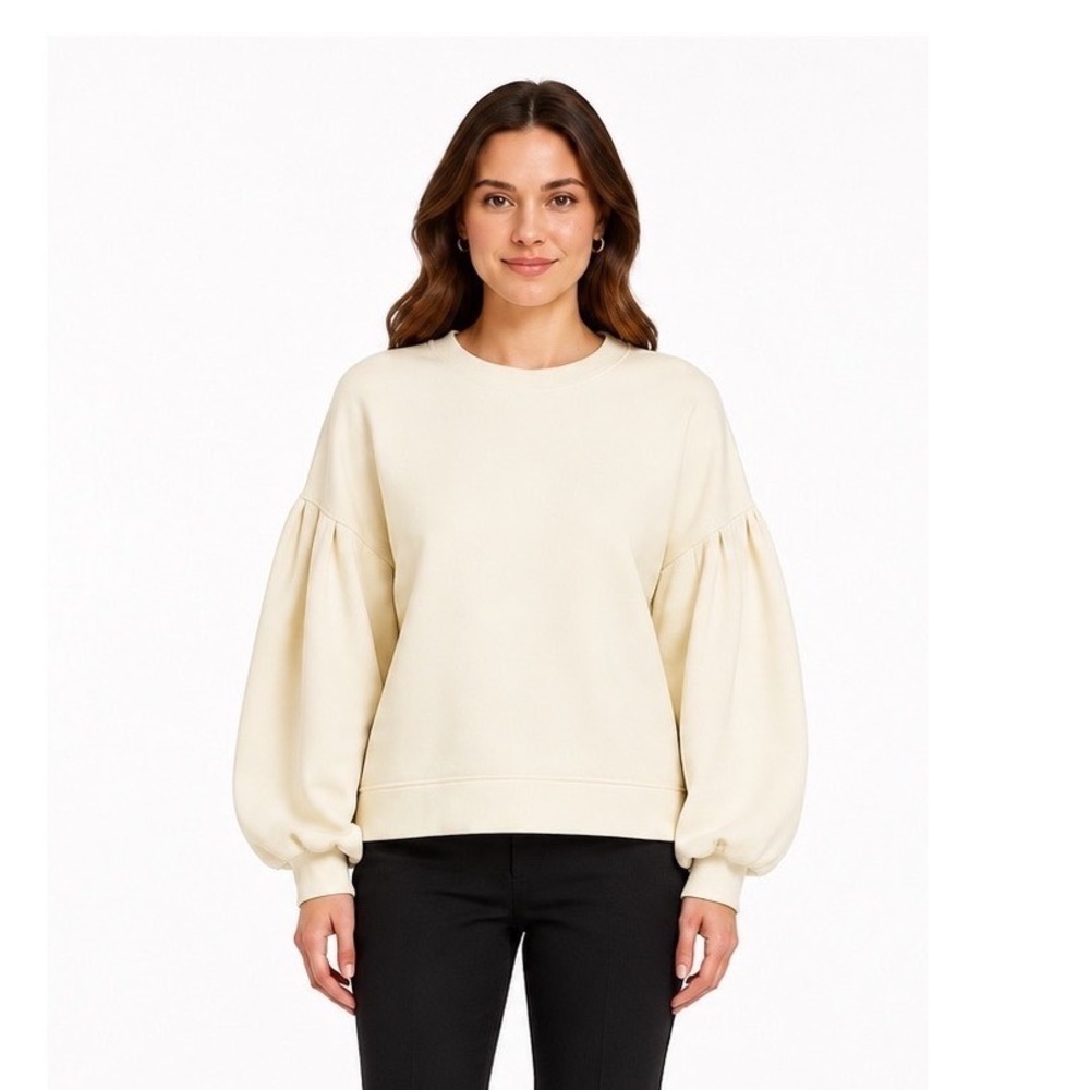 Zara Cream Puff Balloon Sleeve Fleece Lined Sweatshirt L Preppy Chic 115-21